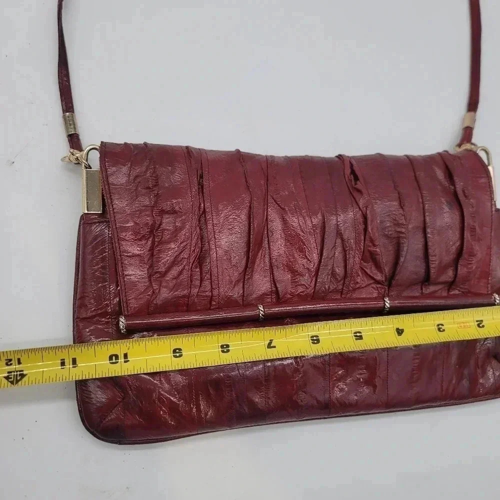 Vintage Womens Genuine Soft Eel Skin Leather Purse Clutch Hand Bag Red Burgundy - Picture 10 of 11